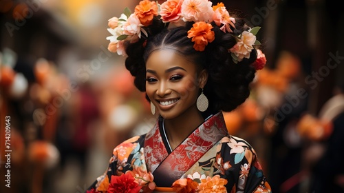 African black woman in a kimono with a beautiful flower in her hair