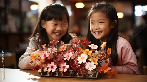 Two young asian girls smiling at a flower arrangement