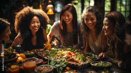 Young asian friends laughing at a table with salads