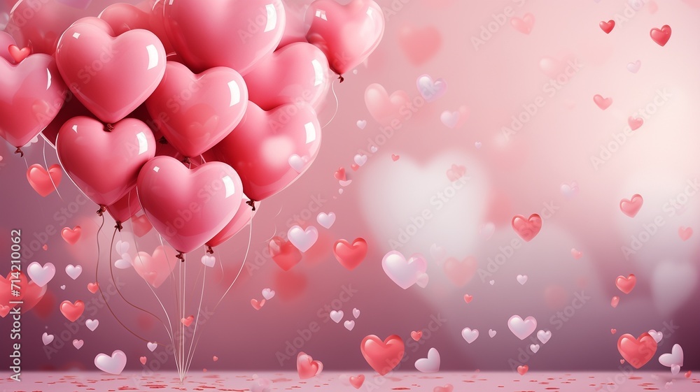 Heart-shaped balloons floating in the air against a  fluffy clouds, Valentine background, perfect for birthday celebrations, Mother's Day events, love-themed occasions