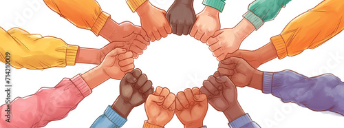Group of people of various skin colors, stretching out their hands, putting their fists together to show their determination, resolution and commitment to their community, work, team, coalition symbol photo