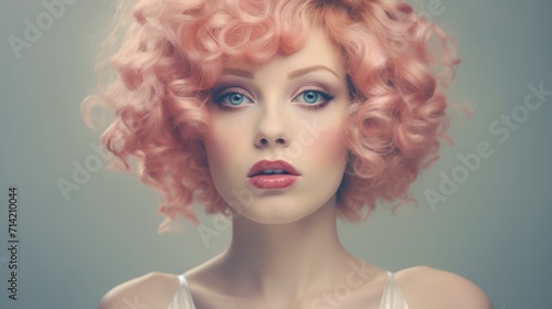 Photorealistic Adult White Woman with Pink Curly Hair retro Illustration. Portrait of a person in vintage 1920s aesthetics. Historic movie style Ai Generated Horizontal Illustration.