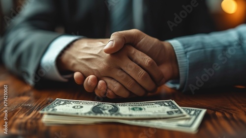 Corruption and Bribery,Businessman giving dollar bills corruption bribery to business manager to deal contract , generative ai