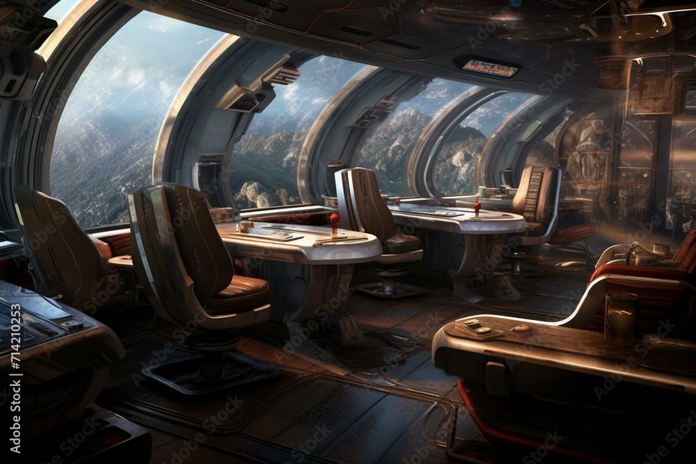 Spaceship grunge interior overlooking planet. Generative AI