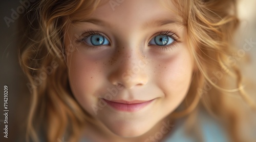 Portrait of a Smiling Blue-Eyed Child with Curly Hair