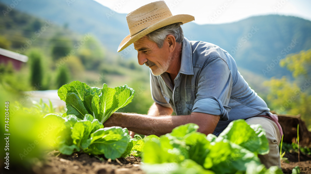 A farmer picking off lettuce from his farm