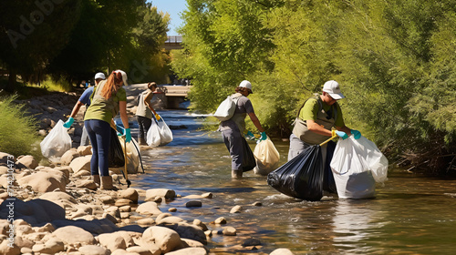 A group of people carrying garbage bags up a river