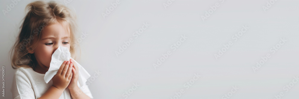 A young girl is suffering from dust allergy, banner - obrazy, fototapety, plakaty 