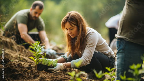 Conservationists woman in planting trees in the field with other people