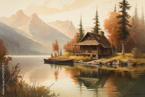 an artwork depicting a cabin near a serene lake featuring a boat and a distant mountain. Generative AI photo