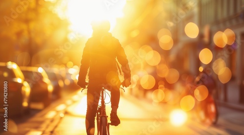 Cyclist in Sunset Light on Urban Street