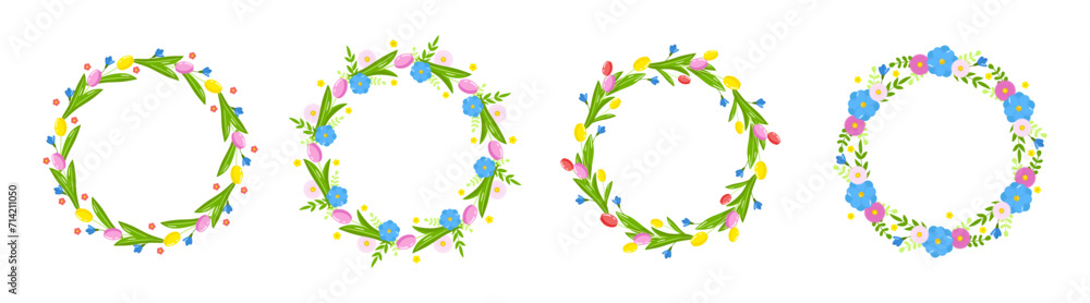 Vector set spring flowers wreaths. Round frames with tulips and summer flowers isolated on white background