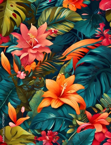 bouquet of flowers Tropical exotic pattern with animal and flowers in bright colors and lush vegetation. Ai Generative.