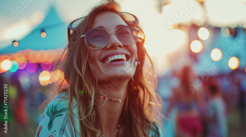 A free spirit happy woman at a music event, fair, amusement park or festival. shallow depth of field.shallow depth of field. Hand edited generative AI.