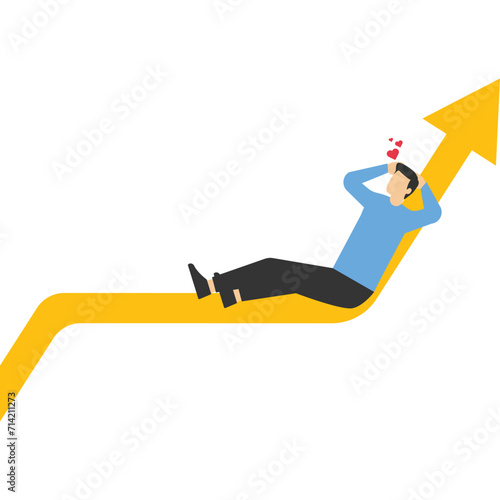Businessman sitting on a high graph chart, business is profitable, earnings continue to improve, good mood without worries, Vector illustration design concept in flat style