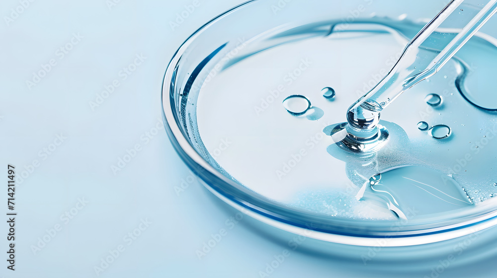 Pipette with sample of cosmetic product in petri dish on blue background, selective focus Pipette with sample of cosmetic product in petri dish on blue background, selective focus