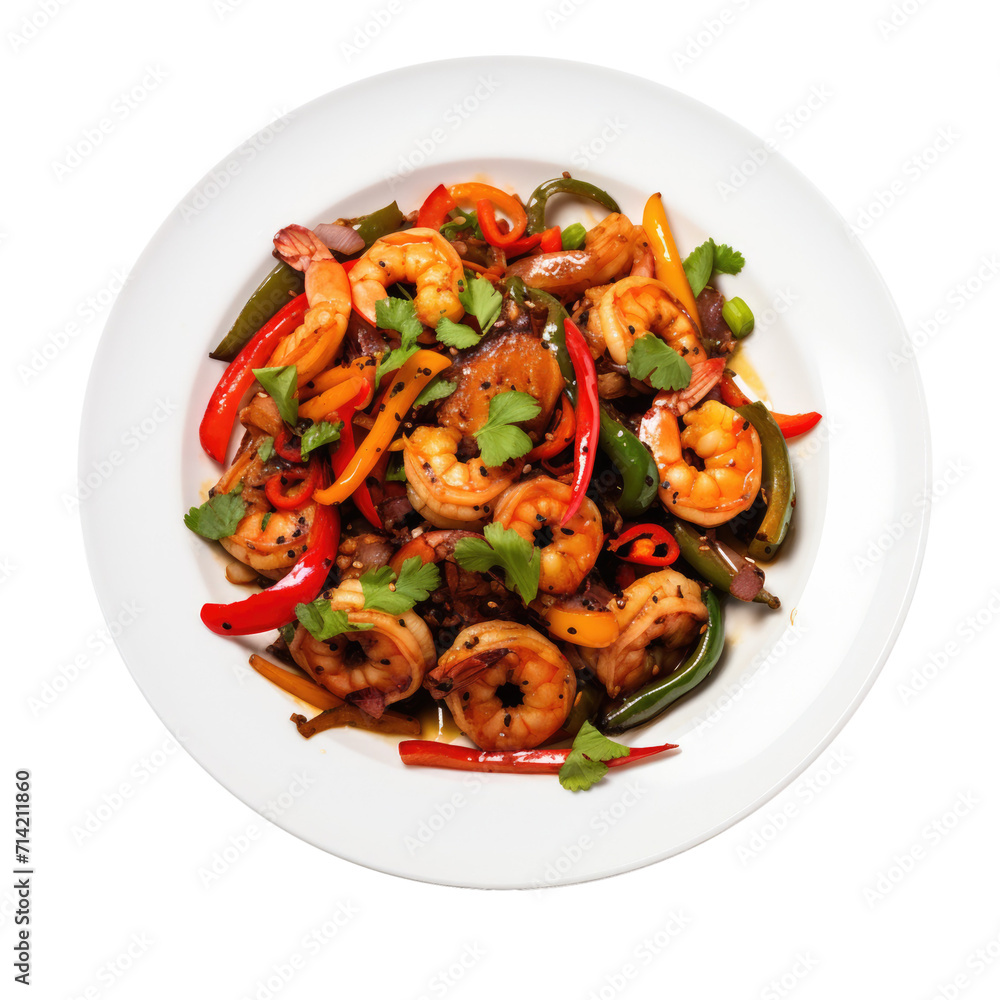 Delicious Plate of Shrimp Stir Fry Isolated on a Transparent Background Delicious Plate of Shrimp Stir Fry Isolated on a Transparent Background