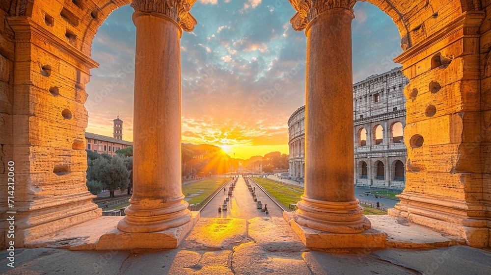 Fototapeta premium Landscape Scene of Colosseum at the sunset time, view from inside decorate home apartment, window and balcony view, holiday and tourist concept ,generative ai