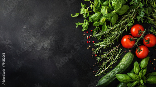 minimalistic background with herbs and vegetables, with plain black copy space, top view