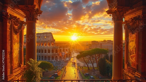 Foto Landscape Scene of Colosseum at the sunset time, view from inside decorate home