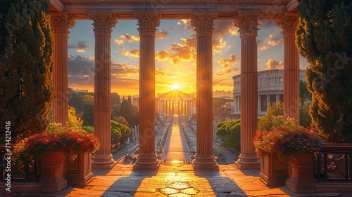 Landscape Scene of Colosseum at the sunset time, view from inside decorate home apartment, window and balcony view, holiday and tourist concept ,generative ai