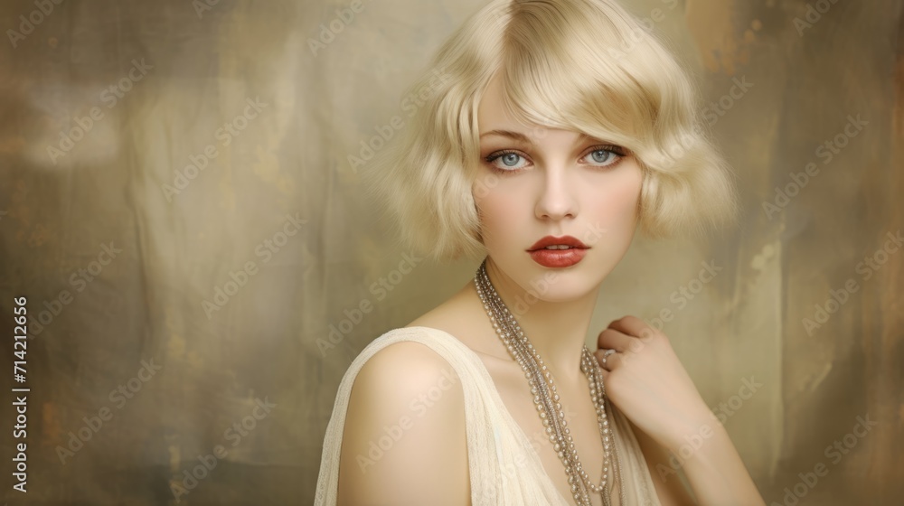 Photorealistic White Woman with Blond Straight Hair retro Illustration. Portrait of a person in vintage 1920s aesthetics. Historic movie style Ai Generated Horizontal Illustration. Photorealistic White Woman with Blond Straight Hair retro Illustration. Portrait of a person in vintage 1920s aesthetics. Historic movie style Ai Generated Horizontal Illustration.