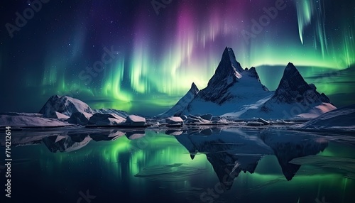 View of night sky with multicolored aurora borealis and snowy mountains peak background. Night glows in vibrant aurora reflection on the lake with forest. 