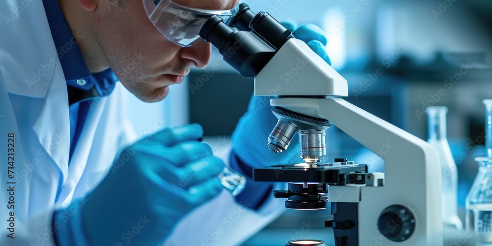 Scientist or doctor looking chemical sample through microscope in hospital laboratory. Laboratory research concept, close up shot Scientist or doctor looking chemical sample through microscope in hospital laboratory. Laboratory research concept, close up shot