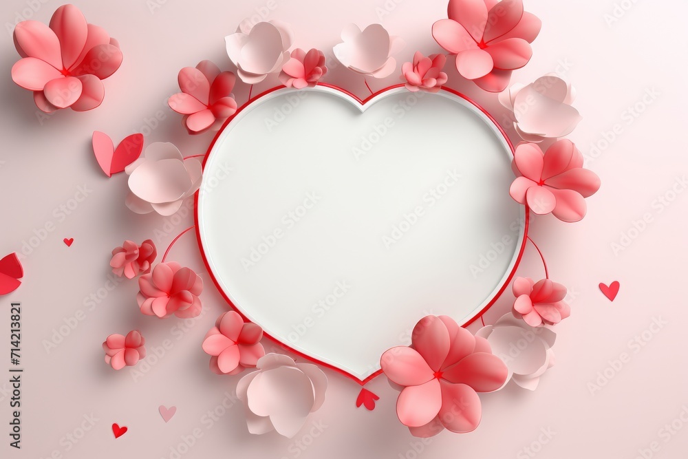 valentine's day frame overlaying hearts and roses. white blank frame with roses and hearts in pink. valentines day present frame mockup valentines eve greeting card.