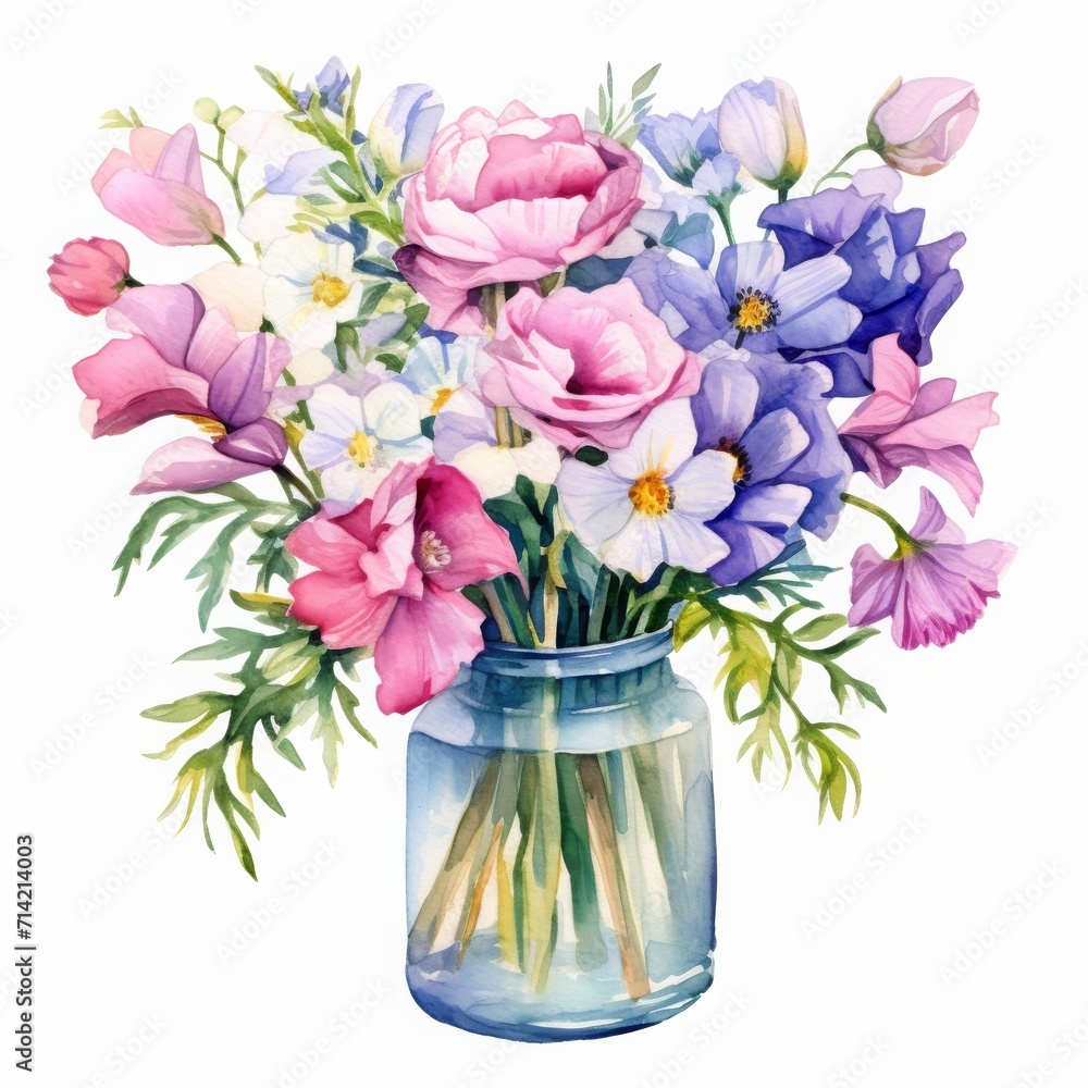 Obraz premium Love you forever watercolor valentine card with flower bouquet. 