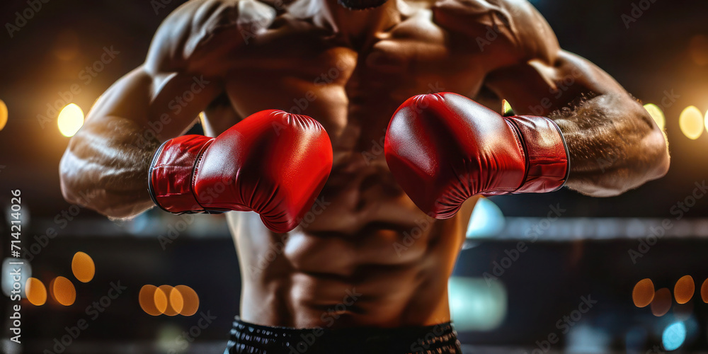 Boxer with red gloves ready to fight against blurred boxer ring background. - obrazy, fototapety, plakaty 