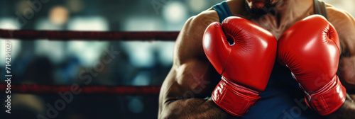 Boxer with red gloves ready to fight against blurred boxer ring background. © julijadmi