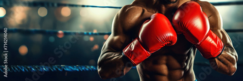 Boxer with red gloves ready to fight against blurred boxer ring background.