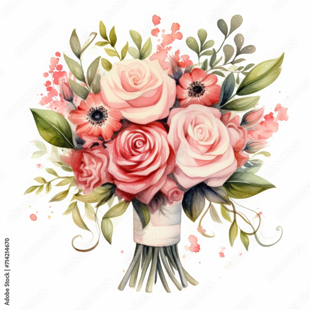 Fototapeta premium Love you forever watercolor valentine card with flower bouquet. 