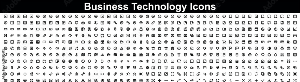 Technology icon set. Big UI icon. Containing factory, 5g, ai, robotics, cloud, automation, iot, communication, geolocation, programming and many more. Big icon set in a flat style
