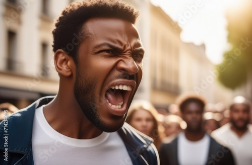angry black male protester screaming on street. activist protesting against rights violation.