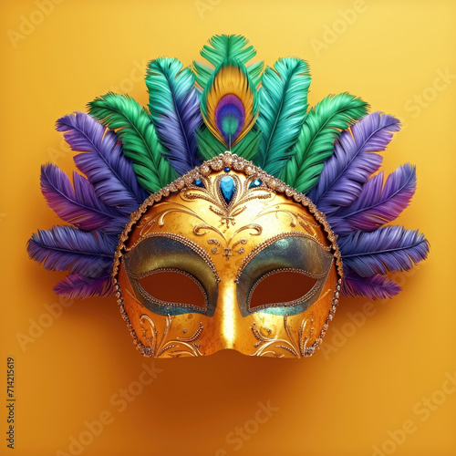 A mask with feathers on a yellow background, Mardi Gras mask with colorful feathers.