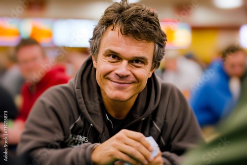 A candid close-up portrait of a smiling man wearing a hoodie in a casual indoor setting, radiating warmth and happiness. photo