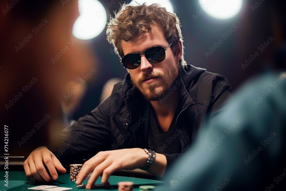 A confident poker player with sunglasses at a casino table, concentrating on the game with chips and cards in hand. A confident poker player with sunglasses at a casino table, concentrating on the game with chips and cards in hand.