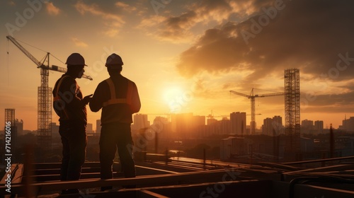 Beautiful scene silhouette engineers working on building site at construction site, civil engineering concept