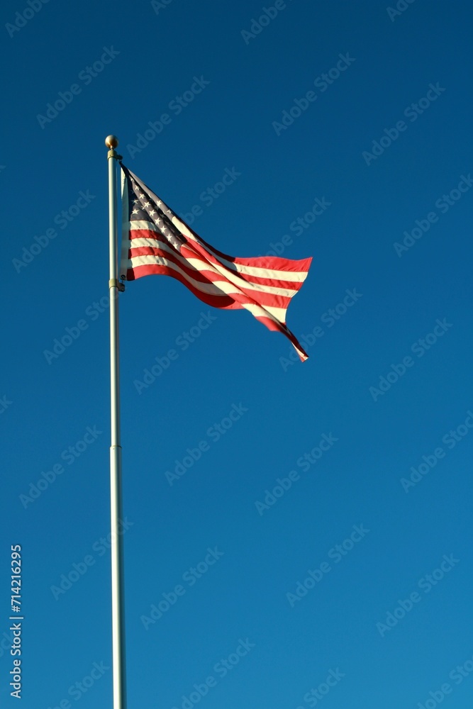 an american flag is flown in the blue sky above a tree an american flag is flown in the blue sky above a tree