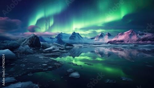 View of night sky with multicolored aurora borealis and snowy mountains peak background. Night glows in vibrant aurora reflection on the lake with forest. © Virgo Studio Maple