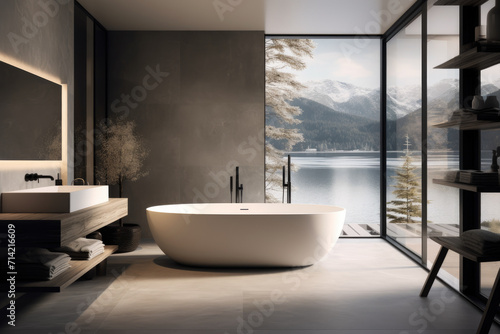 Paynes gray color spacious minimal design luxury decorated bathroom interior