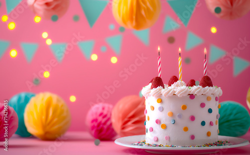 Birthday cake with burning candles on a background with balloons and flags with space for text. Festive background  postcard.
