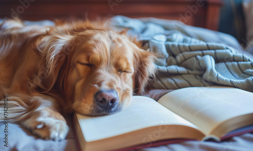Reading books. Getting an education. The brown dog got tired of reading and fell asleep on an open book. Diligence in learning. The concept of self-improvement and discipline in studies.