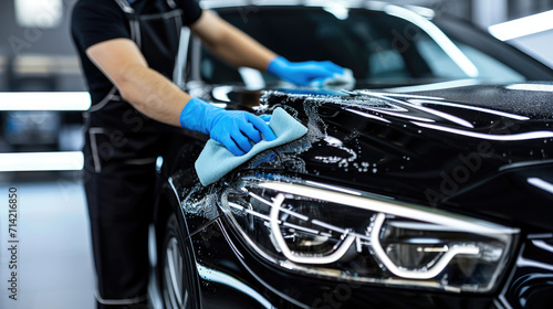 Man cleaning black car with microfiber cloth. © OLGA