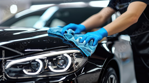 Man cleaning black car with microfiber cloth.