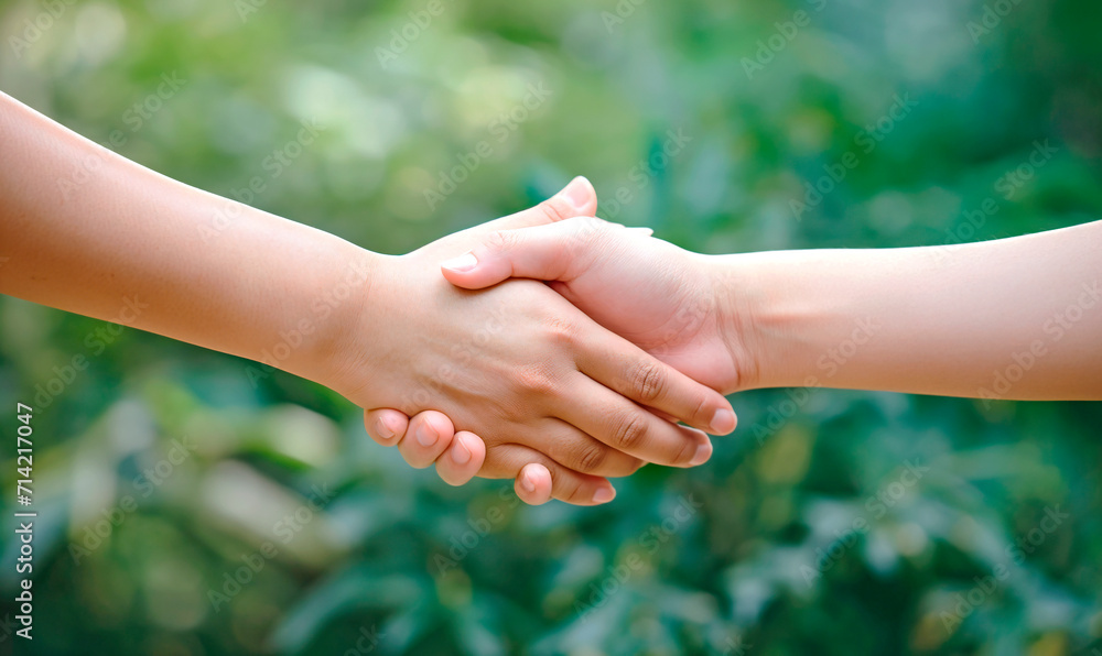 Handshake on a green background. Blurred nature background. Two hands reach out to each other. The concept of friendship and mutual assistance. Support. Help. Handshake on a green background. Blurred nature background. Two hands reach out to each other. The concept of friendship and mutual assistance. Support. Help.