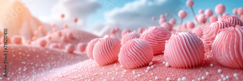 Lollylops sweet lansdcape background. Candyland scene for game or presentation design. 3D render. Holiday, baby shower, birthday concept.