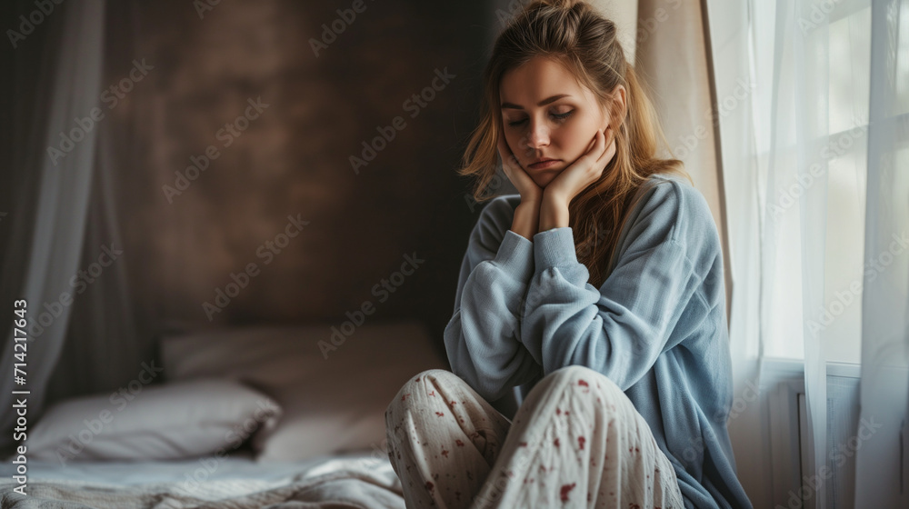 sad woman in pajama sitting on bed sad woman in pajama sitting on bed